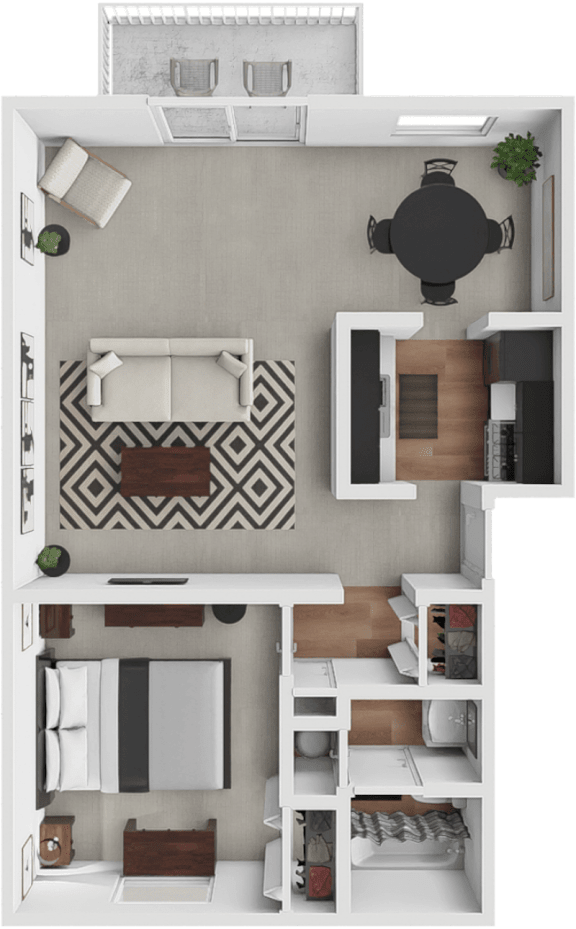 a rendering of the living room of a 1 bedroom apartment
