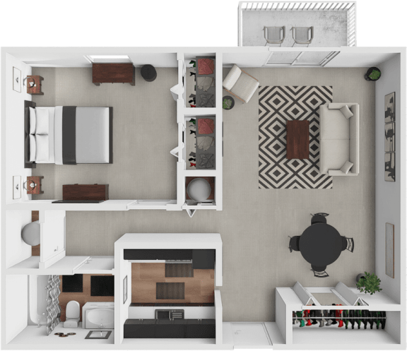 a rendering of a 1 bedroom floor plan with a bathroom and a living room