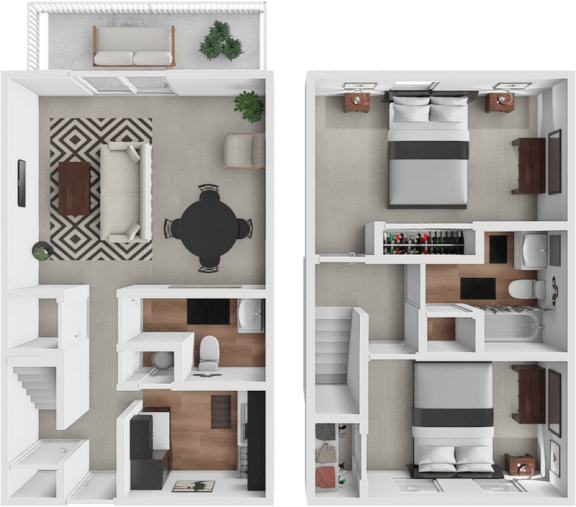 a rendering of the 1 bedroom floor plan of a 2100 sq ft house