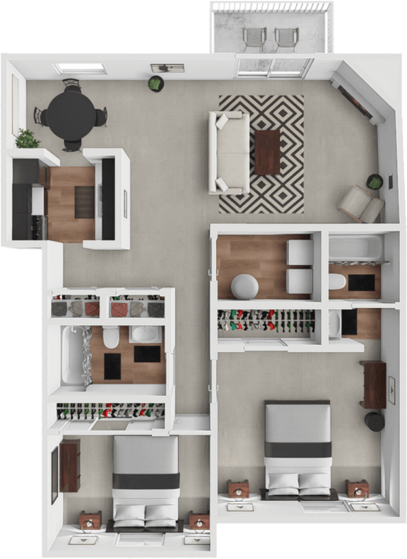 a 3d rendering of a house floor plan with a kitchen and a living room