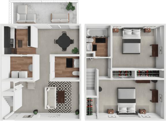 two dimensional floor plans of a house with furniture and a balcony