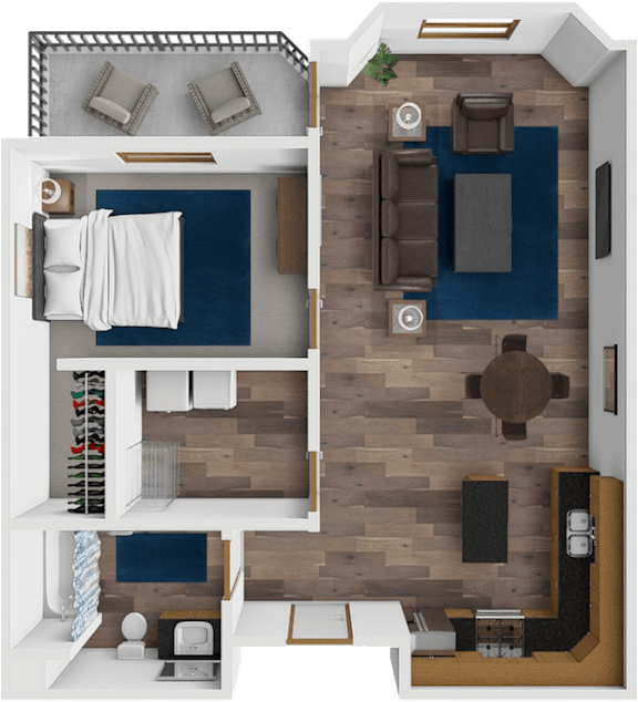 A series of images showing different views of a modern, minimalist living space with a focus on the furniture and layout.