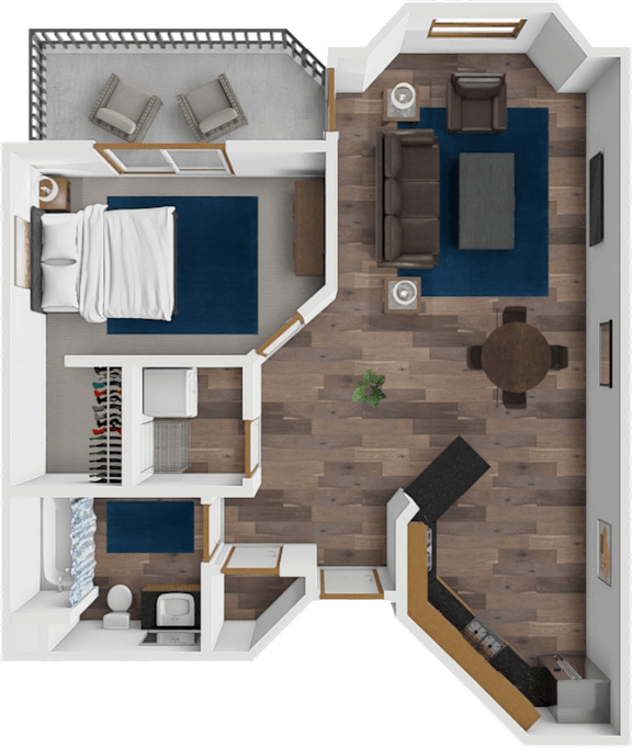 A top-down view of a modern apartment with a living room, kitchen, and bathroom.