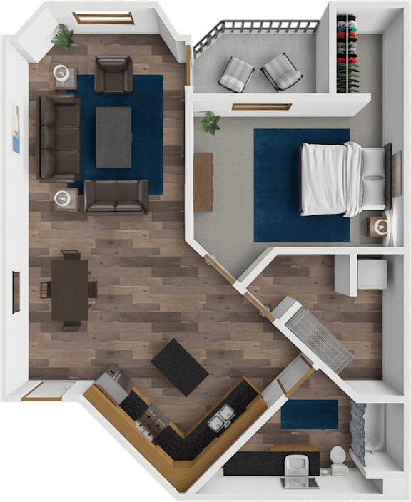 A top-down view of a living room with a couch, chairs, and a coffee table.