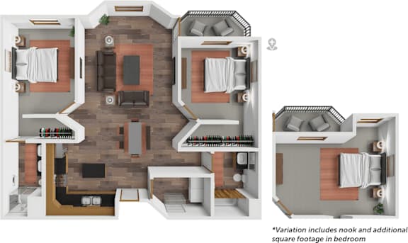 A floor plan of a house with two bedrooms, a living room, a kitchen, and a bathroom.