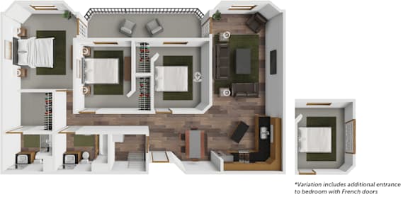 A floor plan of a house with a kitchen, living room, and bedrooms.