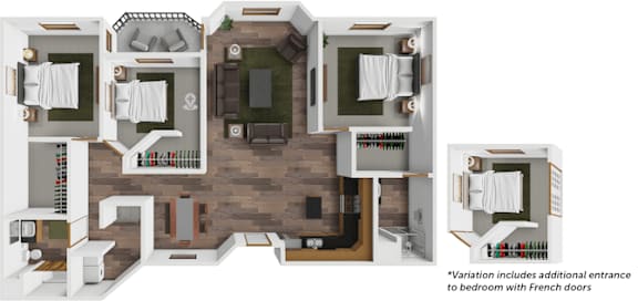 A floor plan of a house with a kitchen, living room, dining room, and two bedrooms.
