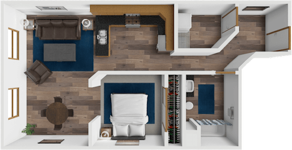 A 3D rendered image of a modern interior design layout.