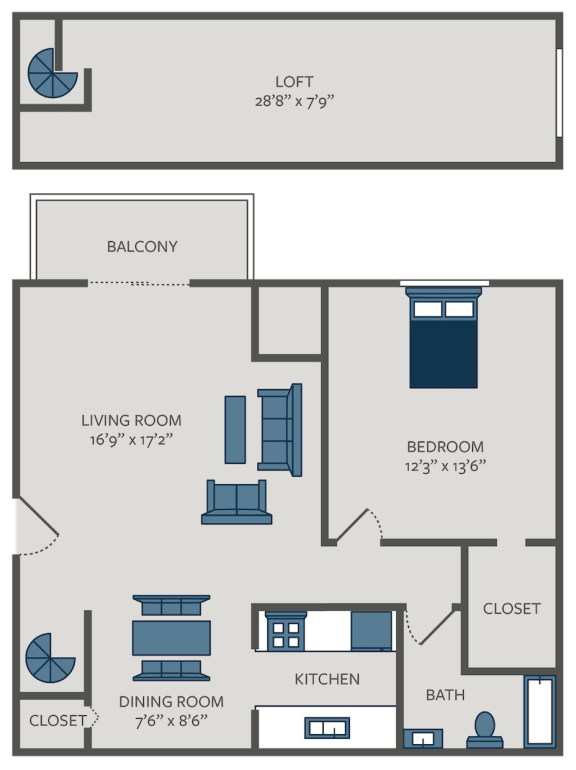 1 bed 1 bath floor plan with loft