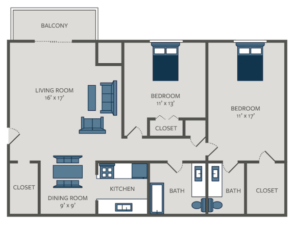 2 bed 1 and half bath floor plan at cedarwood village