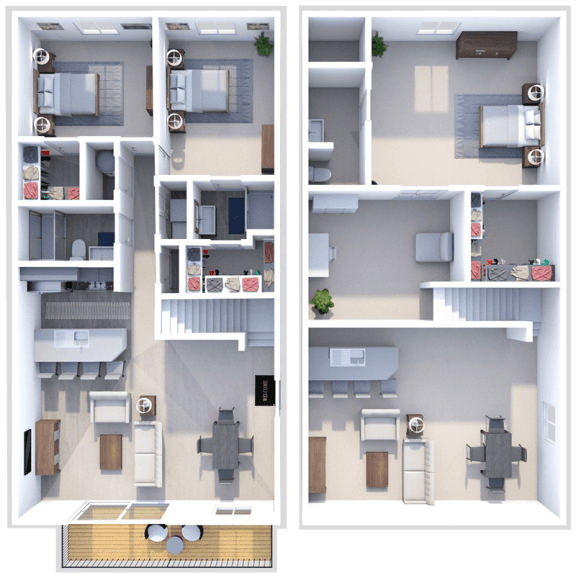 a 3d rendering of two different floor plans of an apartment