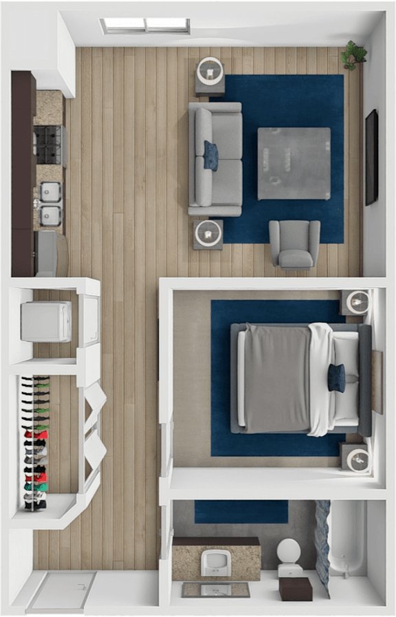 A top-down view of a small, modern bathroom with a toilet, sink, and shelving.