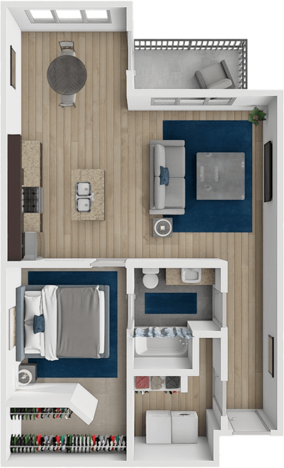 A top-down view of a small apartment with a kitchen, living room, and bathroom.