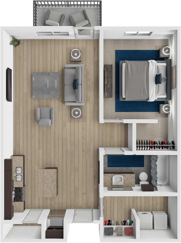 A 3D floor plan of a small apartment with a bedroom, living room, and kitchen.