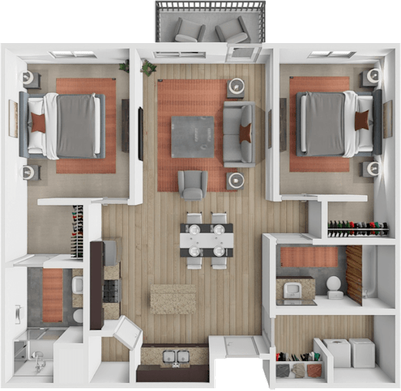 A 3D floor plan of a small apartment with two bedrooms, a living room, and a kitchen.