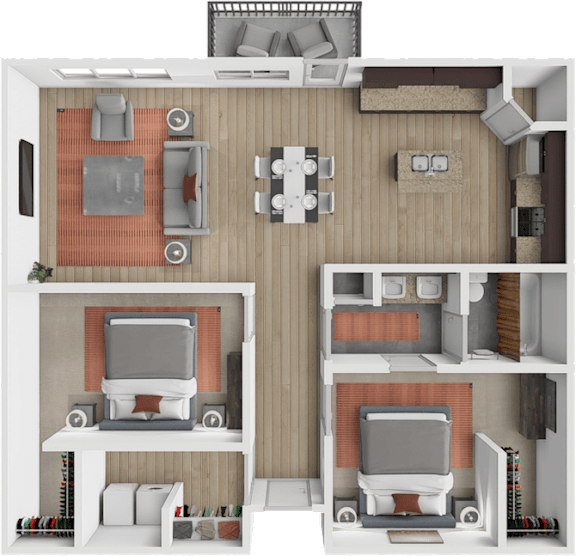 A 3D floor plan of a small apartment with two bedrooms and a living area.