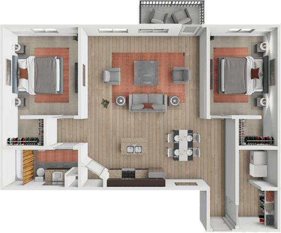 A 3D floor plan of a house showing a kitchen, living room, and two bedrooms.