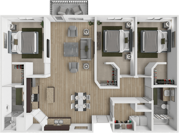 A 3D floor plan of a small apartment with a kitchen, living room, and bedroom.