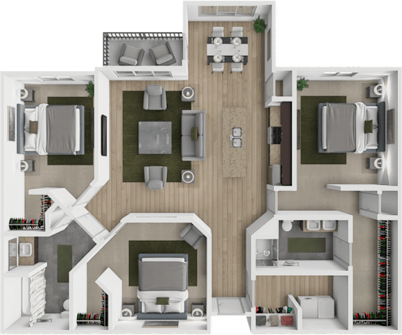A 3D floor plan of a house with a kitchen, living room, dining room, and bedrooms.