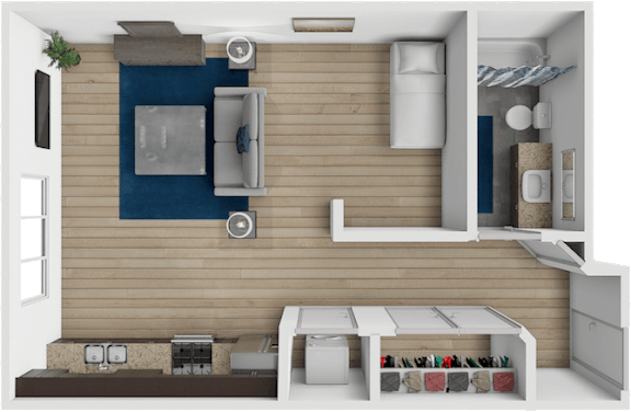 A 3D rendered image of a small apartment with a bed, desk, and kitchenette.