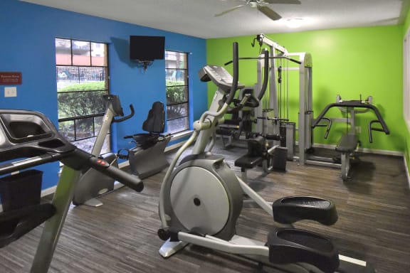 a gym with cardio equipment and green walls