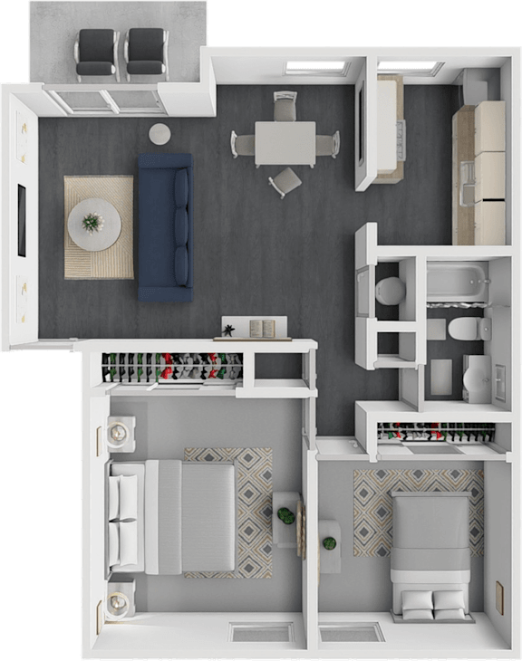 A 3D floor plan of a small apartment with a kitchen, living room, and bathroom.
