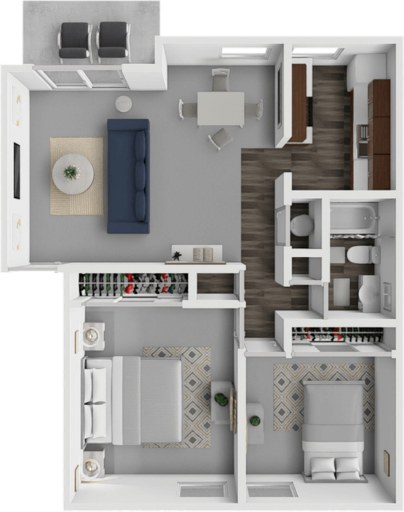 A 3D floor plan of a small apartment with a kitchen, living room, and bedroom.