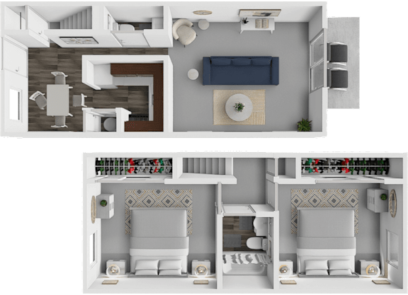 A 3D floor plan of a house with two bedrooms and a living area.