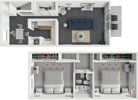 A top-down view of a modern apartment layout with two bedrooms, a living room, and a kitchen.