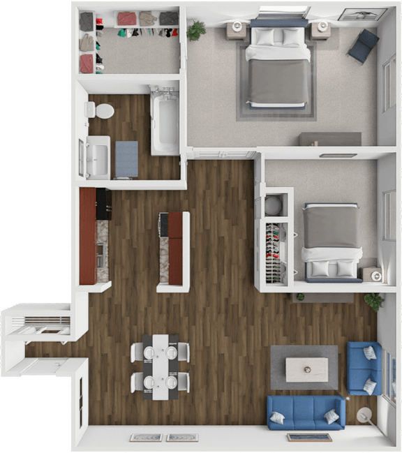 Floor Plan  A top-down view of a small apartment layout with a kitchen, living room, and bathroom.