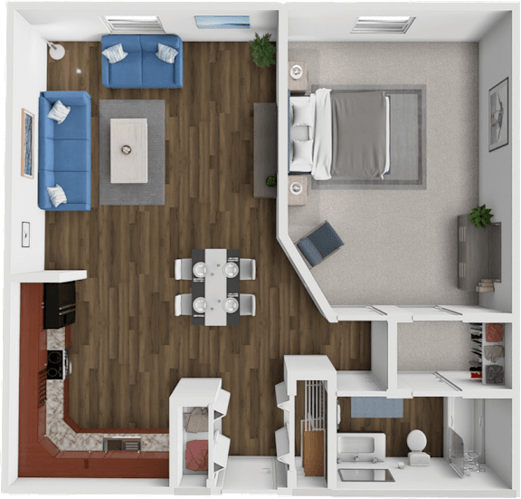 Floor Plan  A dollhouse living room with a white sofa and a wooden floor.