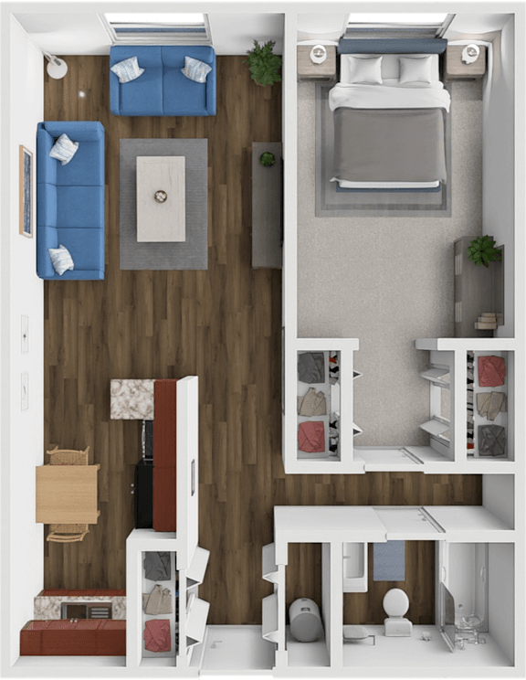 Floor Plan  A top-down view of a small apartment with a kitchen, living room, and bathroom.