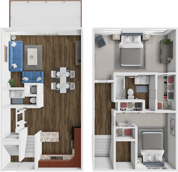 Floor Plan  Two images of a dollhouse apartment with a kitchen and living room.