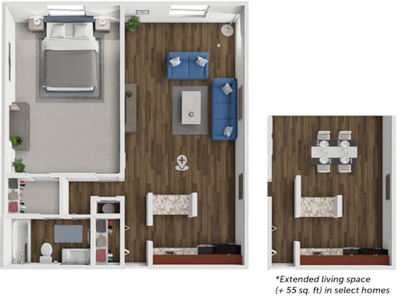 Floor Plan  A 3D floor plan of a small apartment with a kitchen, living room, and bedroom.