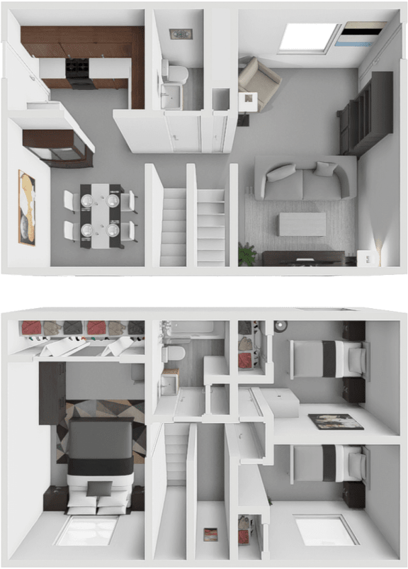 a 3d rendering of a house interior and a floor plan of a apartment