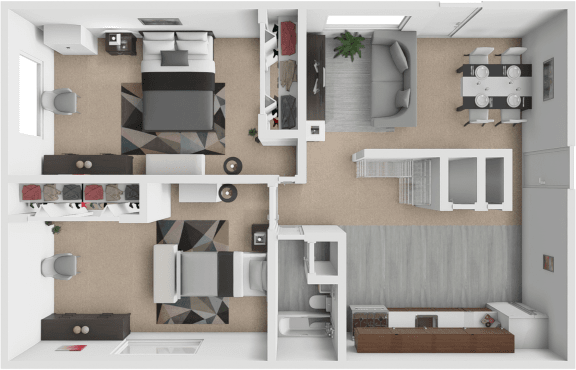 a 3d rendering of a floor plan with a bedroom and living room