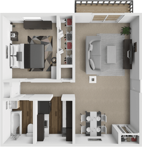a 3d rendering of a bedroom with a bathroom and a living room