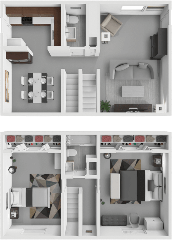 a 3d rendering of a floor plan and layouts of a house
