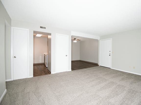 A large, empty room with carpeted floors and white walls.