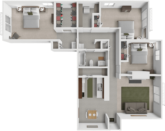 A 3D floor plan of a house with multiple rooms and furniture.