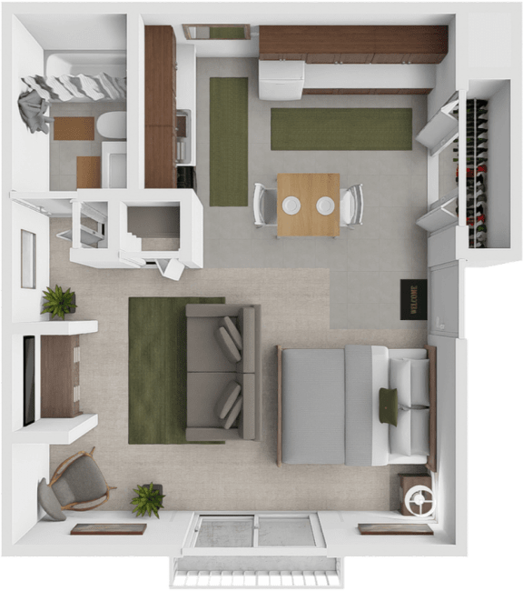 a 3d rendering of a studio apartment floor plan at Eastland apartments in Grand Rapids.