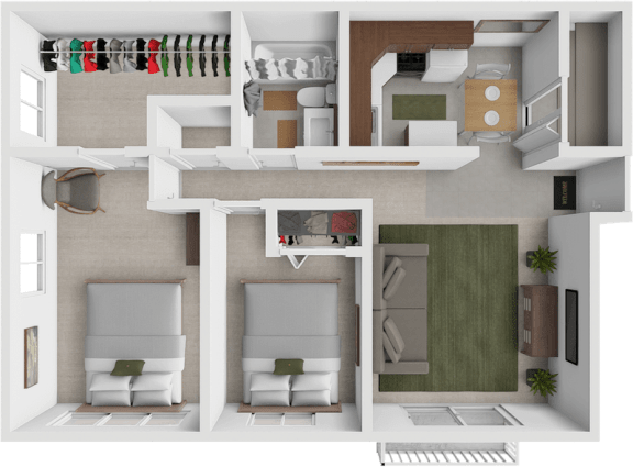 a 2 bedroom apartment floor plan at eastland apartments with large closet.
