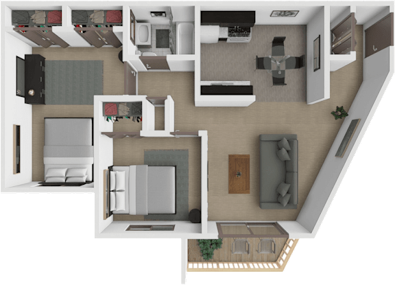 Floor Plan  A top-down view of a apartment layout with 2 bedroom and one bathroom.