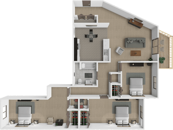 A 3D rendered image of an apartment with 3 bedroom and 1 bathroom at eden park apartments.