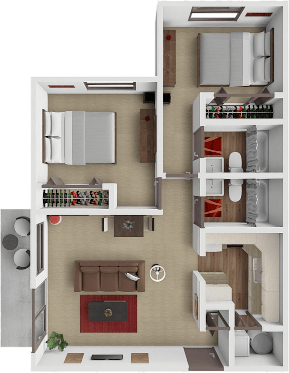 A 3D floor plan of a small apartment with a living room, kitchen, and bedroom.
