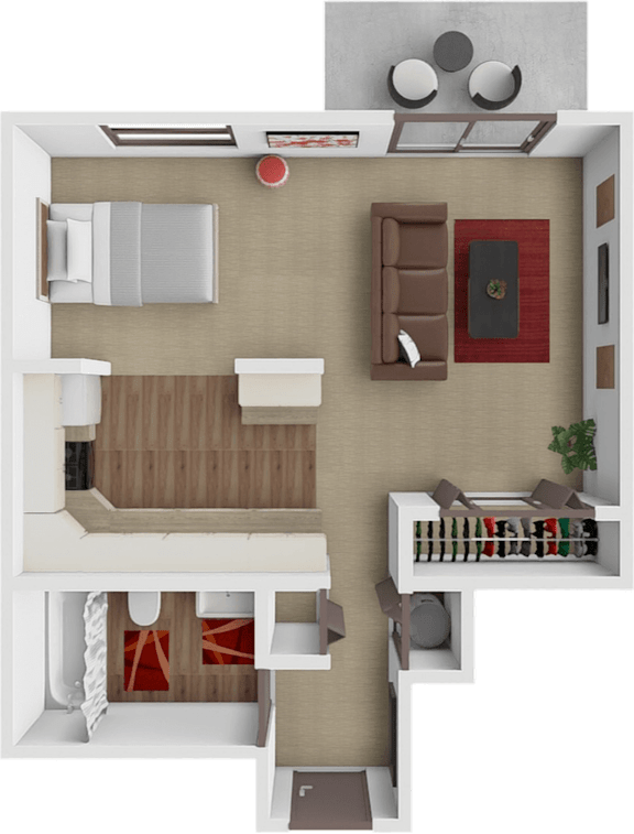A top-down view of a living room with a couch, a chair, a coffee table, and a small potted plant.