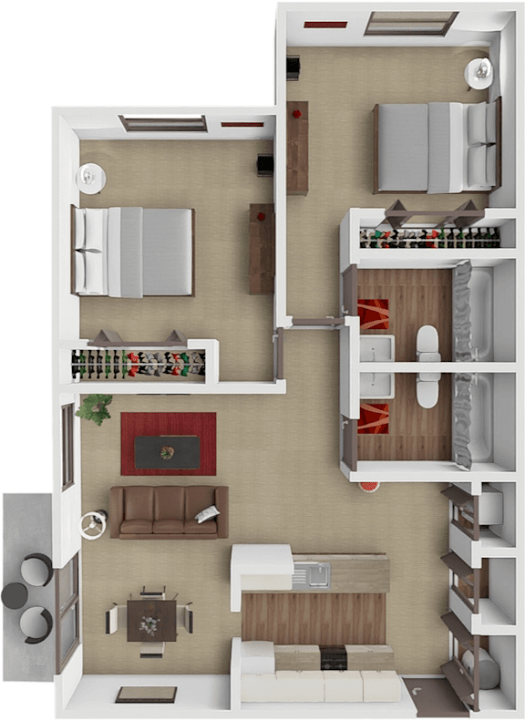 A 3D floor plan of a small apartment with a kitchen, living room, and bedrooms.