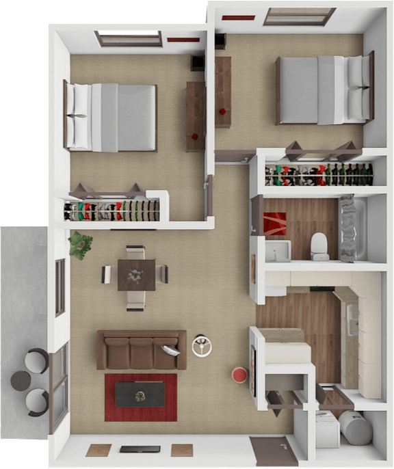 A 3D floor plan of a small apartment with a kitchen, living room, and bedroom.