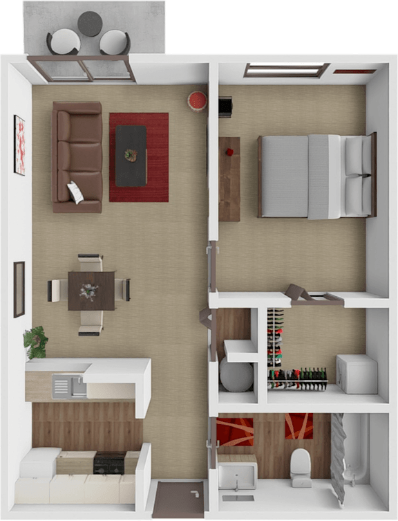 A 3D rendered image of a small apartment layout.