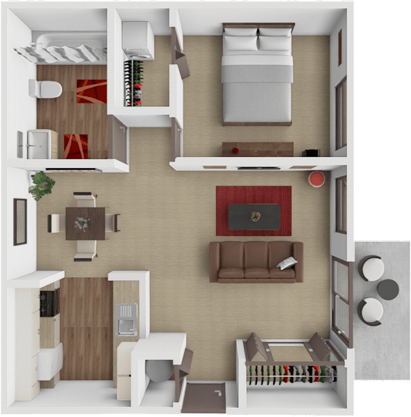 Floor Plan  A 3D floor plan of a small apartment with a kitchen, living room, and bedroom.